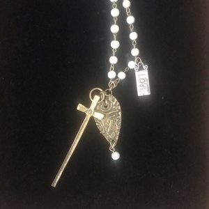 Gold Tone and Faux Pearl Cross & Heart Pendant